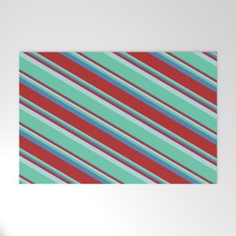 [ Thumbnail: Powder Blue, Aquamarine, Blue, and Red Colored Lined/Striped Pattern Welcome Mat ]