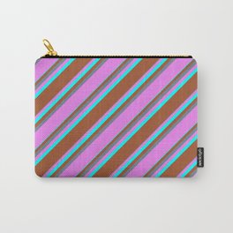 [ Thumbnail: Slate Gray, Violet, Aqua & Sienna Colored Striped/Lined Pattern Carry-All Pouch ]