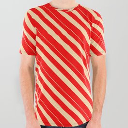 [ Thumbnail: Tan & Red Colored Lined/Striped Pattern All Over Graphic Tee ]