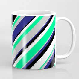 [ Thumbnail: Green, Grey, Midnight Blue, Black & White Colored Stripes Pattern Coffee Mug ]
