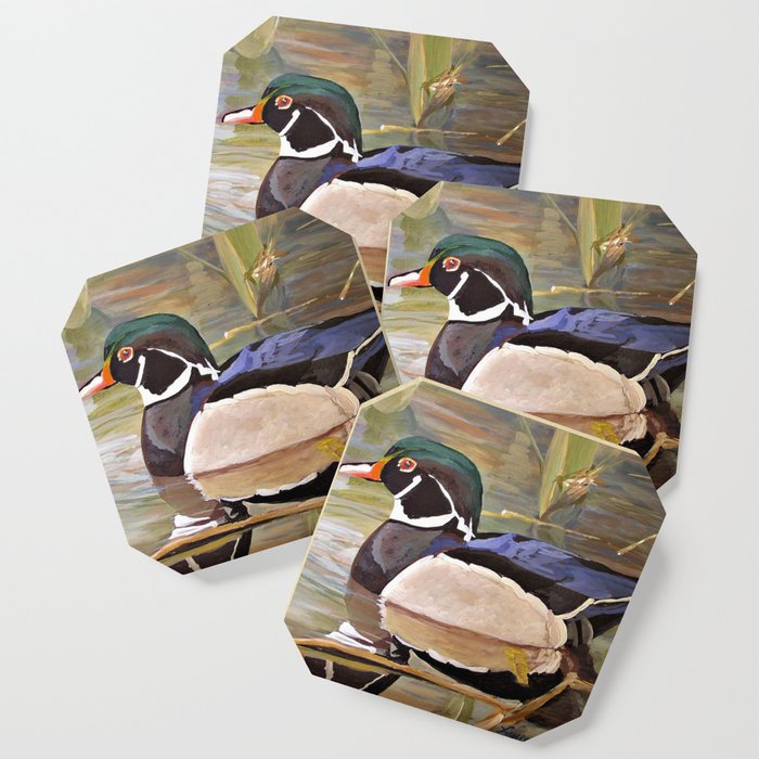 Wood Duck Water Foul Acrylic Painting Coaster By Betweentheweeds Society6