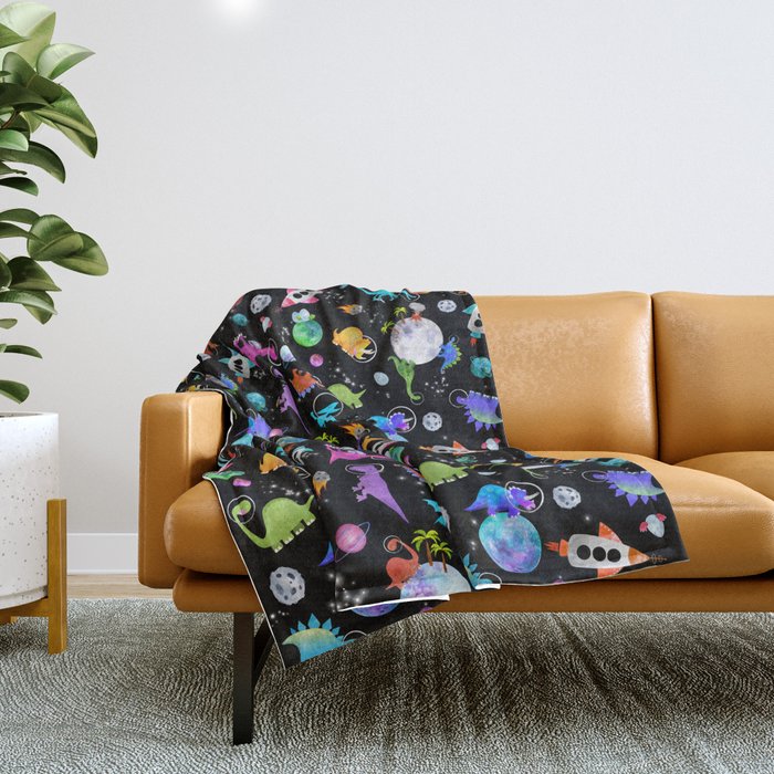 Dinosaur Astronauts In Outer Space Throw Blanket