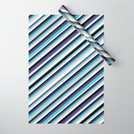 [ Thumbnail: Eyecatching Turquoise, Light Grey, White, Black & Dark Slate Blue Colored Stripes Pattern Wrapping Paper ]