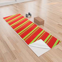 [ Thumbnail: Light Green and Red Colored Stripes Pattern Yoga Towel ]