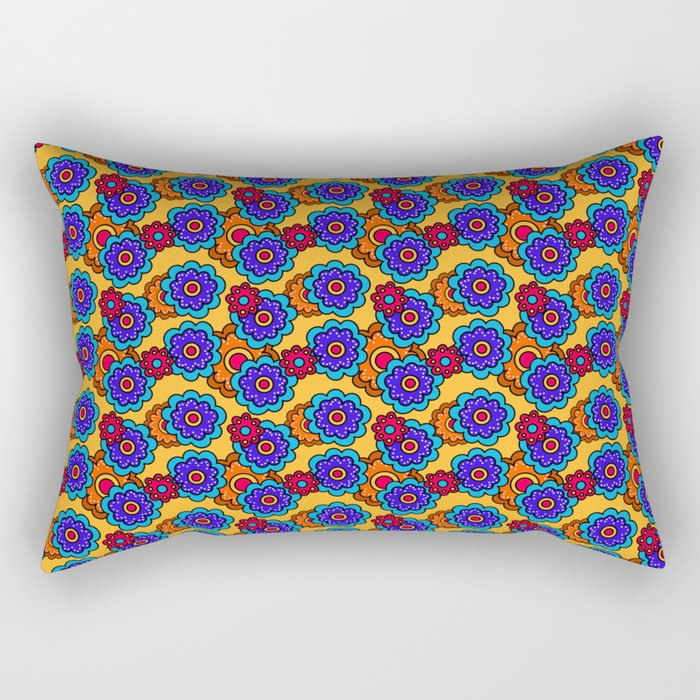 Pop-Art Blue and Orange Flowers on Yellow Background Rectangular Pillow