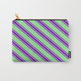 [ Thumbnail: Light Green & Dark Violet Colored Lines/Stripes Pattern Carry-All Pouch ]