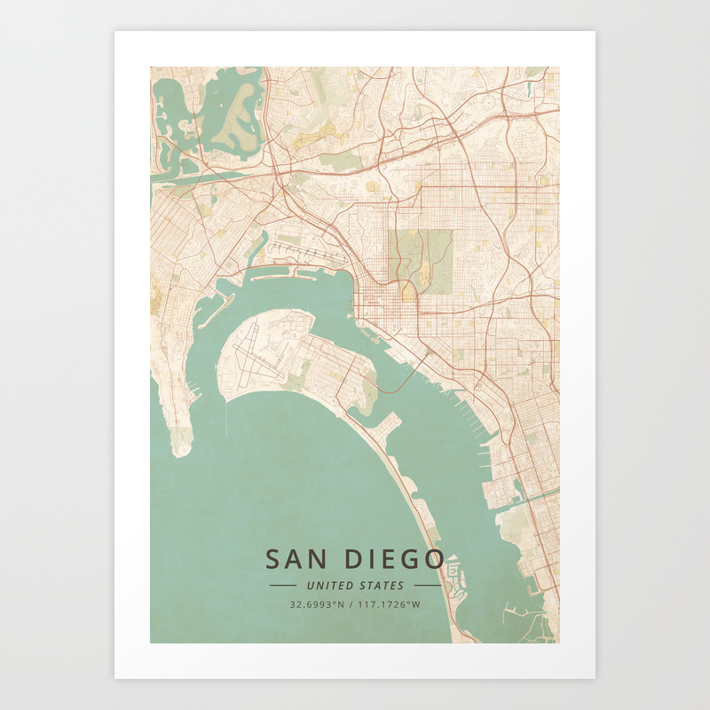 Birds Eye Map of San Diego so cal west coast home and office print vintage 1876 Poster California historic wall art