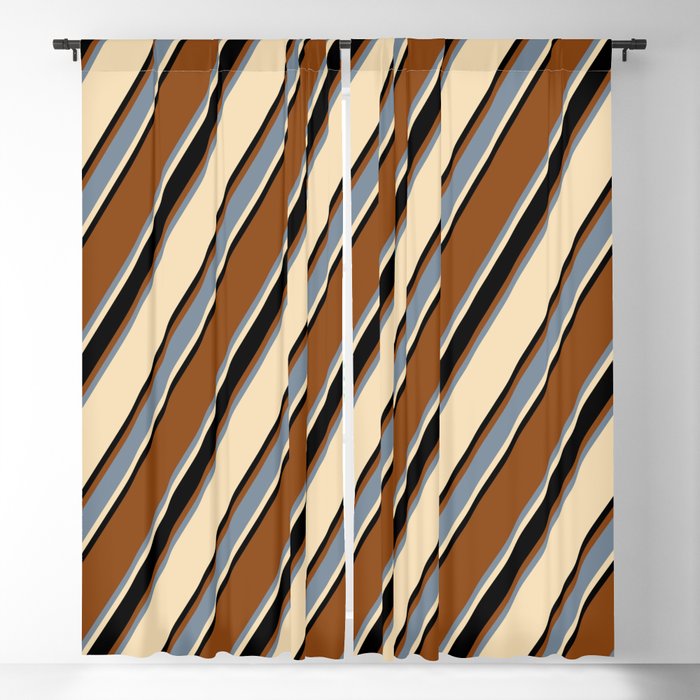 Brown, Light Slate Gray, Tan, and Black Colored Lined/Striped Pattern Blackout Curtain