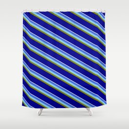 [ Thumbnail: Vibrant Royal Blue, Sky Blue, Green, Dark Blue, and White Colored Striped/Lined Pattern Shower Curtain ]