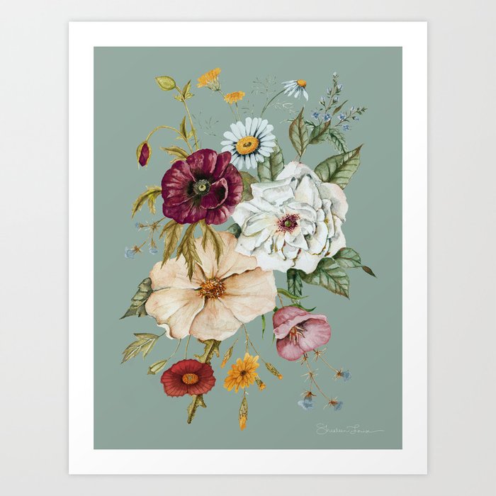 Colorful Wildflower Bouquet on Blue Art Print