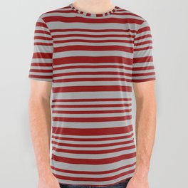 [ Thumbnail: Dark Red and Dark Gray Colored Lines/Stripes Pattern All Over Graphic Tee ]