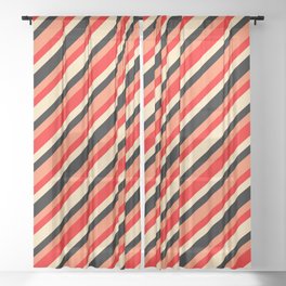 [ Thumbnail: Coral, Red, Beige, and Black Colored Stripes/Lines Pattern Sheer Curtain ]
