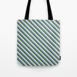 [ Thumbnail: Colorful Light Blue, Purple, Dim Grey, Forest Green, and Light Yellow Colored Lined Pattern Tote Bag ]