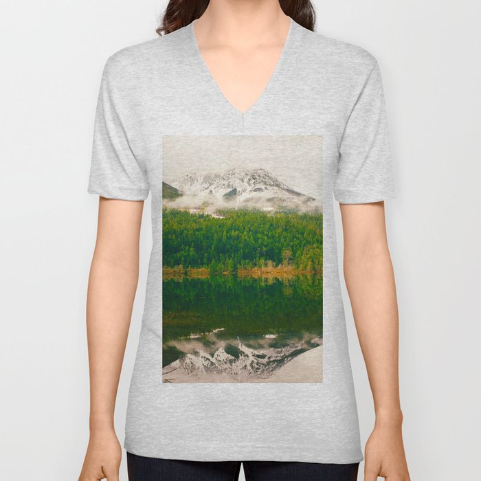 Reflective Mountain Lake With Trees Forest V Neck T Shirt