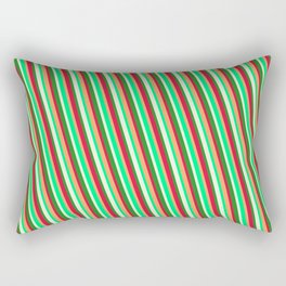 [ Thumbnail: Brown, Green, Beige, Forest Green & Crimson Colored Lined Pattern Rectangular Pillow ]