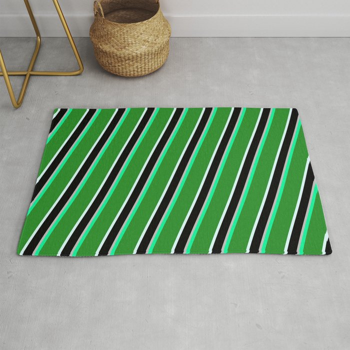 Colorful Green, Forest Green, Light Cyan, Black & Grey Colored Lined Pattern Rug