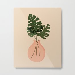 monstera plant in vase Metal Print | Monsteraplant, Leaves, Boho, Earthy, Gouachepainting, Minimal, Pastelcolors, Plants, Natural, Modern 