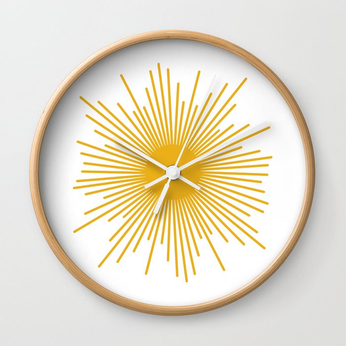 Mid Century Modern Sunburst Sun in Mustard and White Wall Clock
