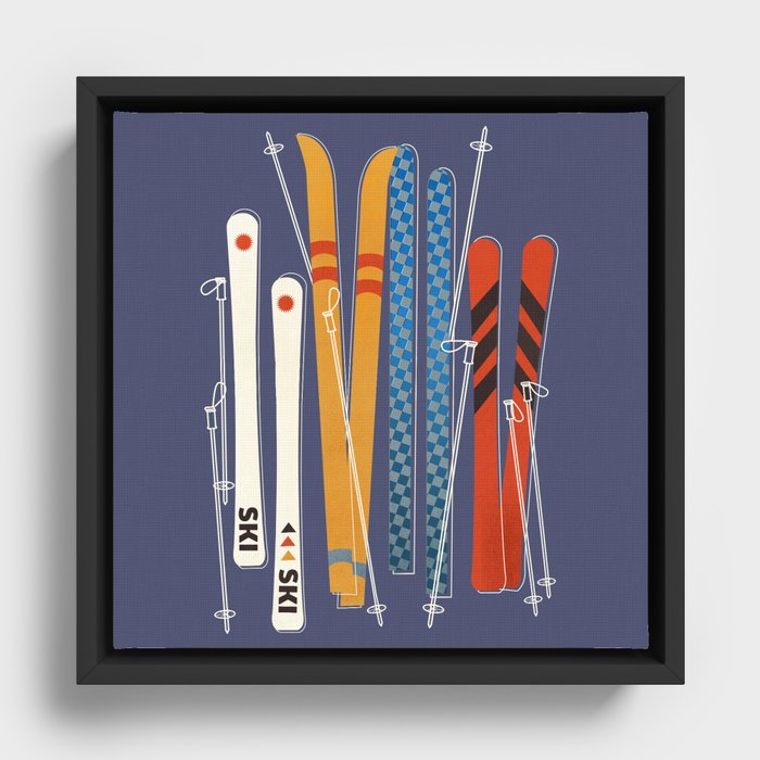Retro Colorful Skis Framed Canvas