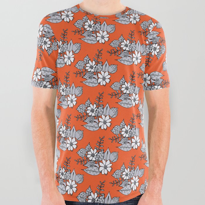 Orangey Gray Floral All Over Graphic Tee