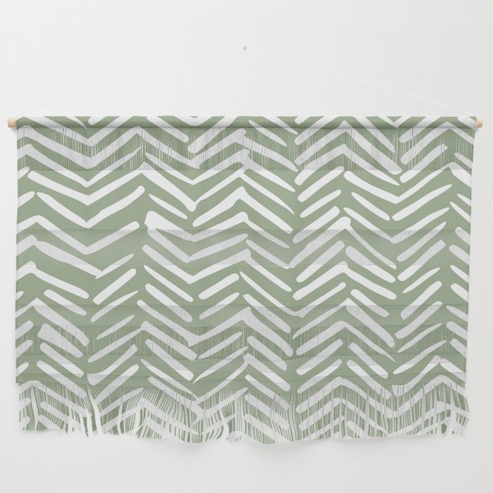 Boho, Abstract, Herringbone Pattern, Sage Green and White Wall Hanging