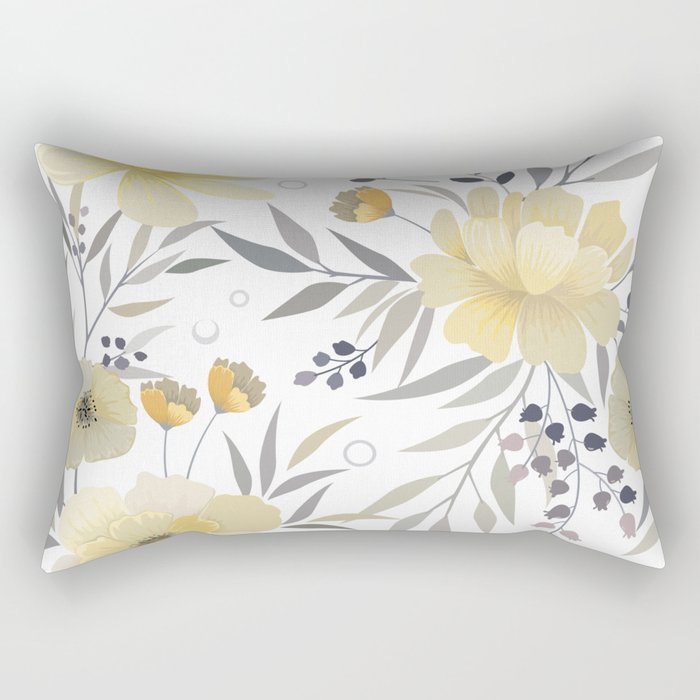 Modern, Floral Prints, Yellow, Gray and White Rectangular Pillow