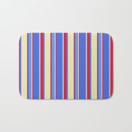 [ Thumbnail: Pale Goldenrod, Cornflower Blue, Royal Blue & Crimson Colored Striped/Lined Pattern Bath Mat ]