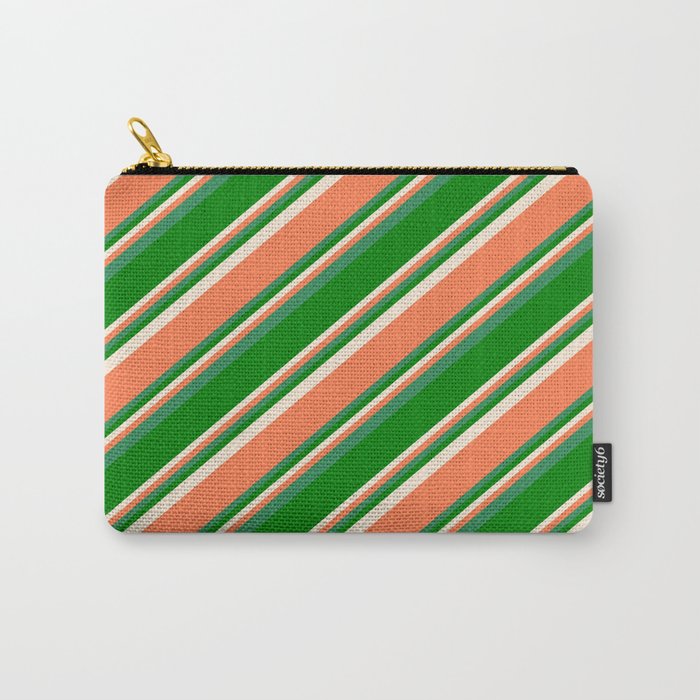 Beige, Coral, Sea Green, and Green Colored Pattern of Stripes Carry-All Pouch