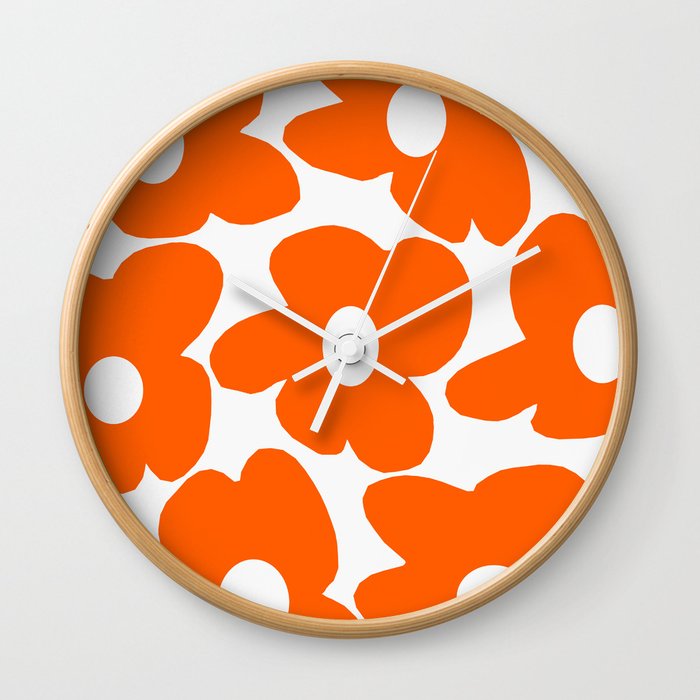 Orange Retro Flowers White Background #decor #society6 #buyart Wall Clock