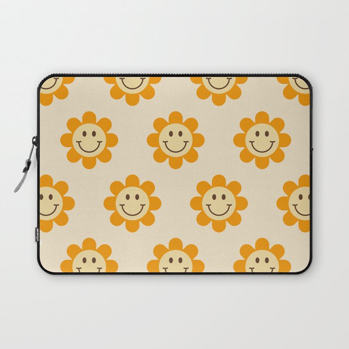 70s Retro Smiley Floral Face Pattern in yellow and beige Laptop Sleeve