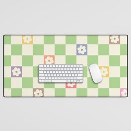 Colorful Flowers Green Check  Desk Mat