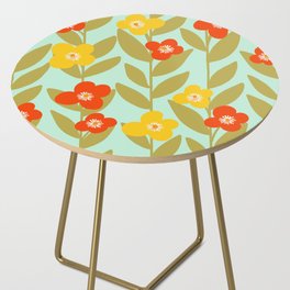 Mid century modern floral and leaves seamless pattern in yellow, red on blue  Side Table