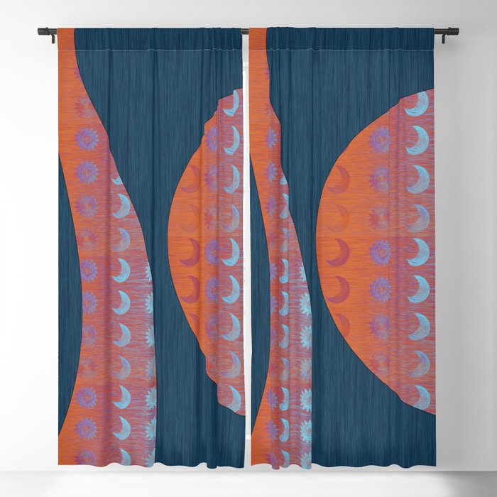Digital Blue Denim and Glowing Orange Moon and Star Blackout Curtain