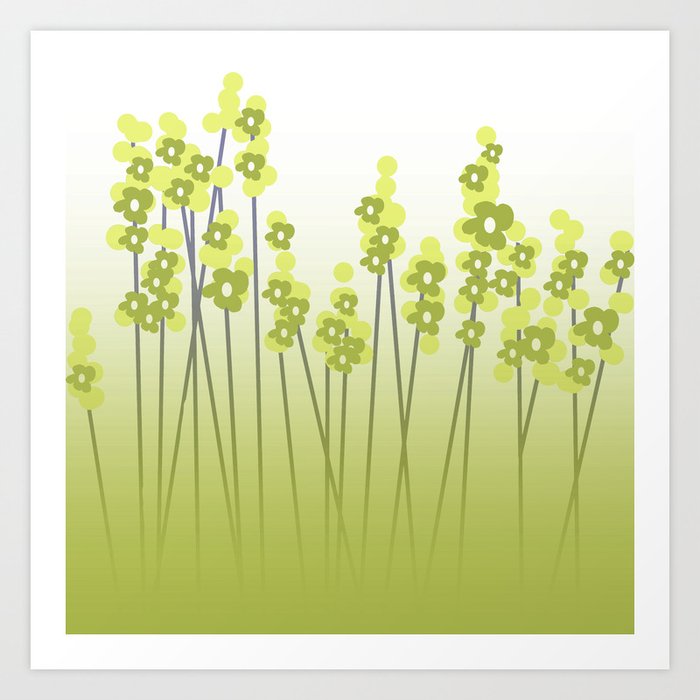 Hello Spring Green/Black Retro Plants with Flowers White Background #decor #society6 #buyart Art Print