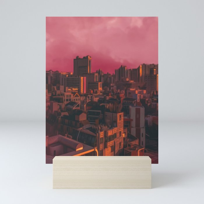 A city in pink clouds.  Mini Art Print