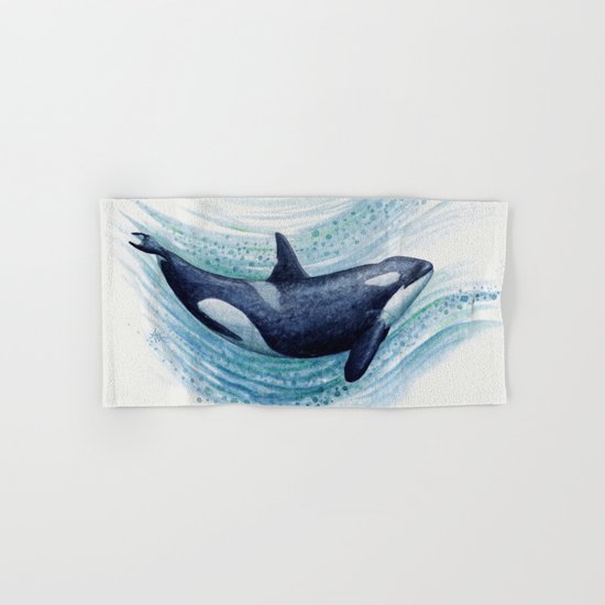 Orca Spash ~ Watercolor Killer Whale Painting by Amber Marine Hand & Bath Towel