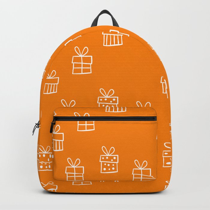 White Christmas gift box pattern on Orange background Backpack