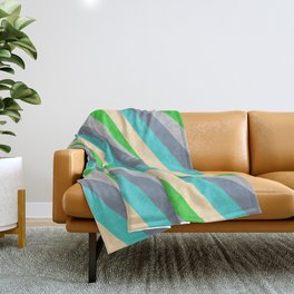 [ Thumbnail: Eyecatching Grey, Light Slate Gray, Turquoise, Beige & Lime Green Colored Stripes/Lines Pattern Throw Blanket ]