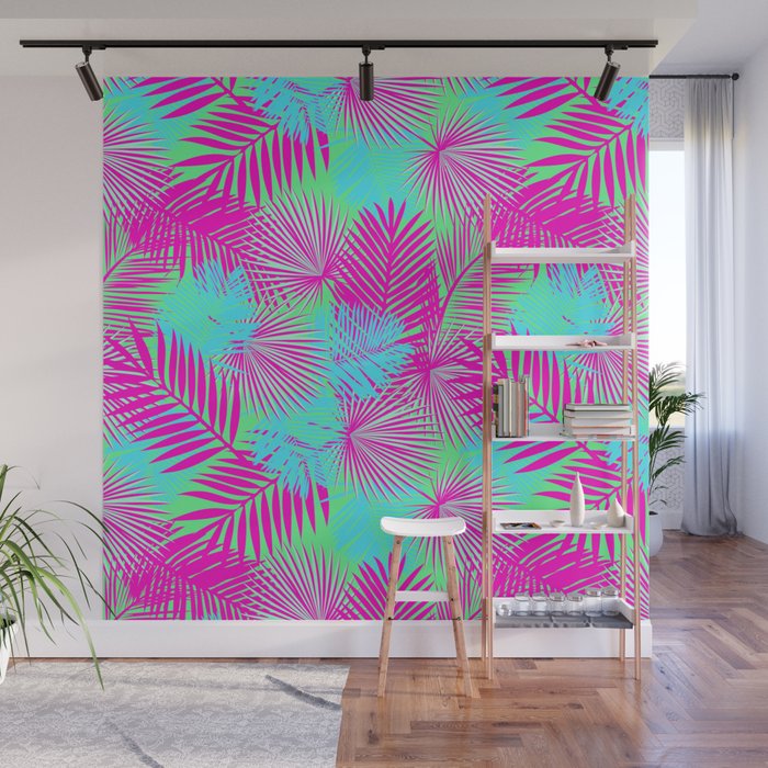 Neon Pink & Blue Tropical Print Wall Mural