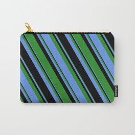 [ Thumbnail: Forest Green, Cornflower Blue & Black Colored Lines Pattern Carry-All Pouch ]