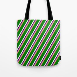 [ Thumbnail: Purple, Light Salmon, Green, White, and Black Colored Striped/Lined Pattern Tote Bag ]