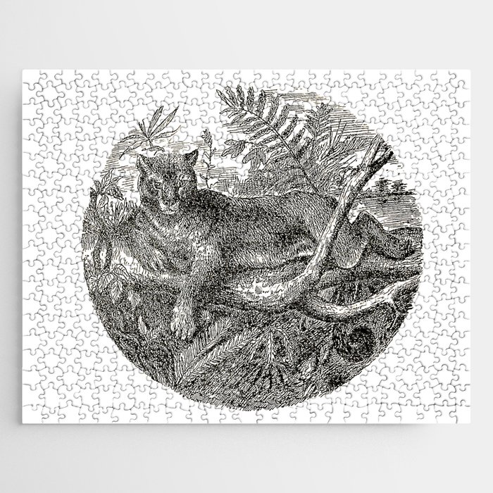 Wild Cat in The Tropical Jungle Black & White Vintage Illustration Jigsaw Puzzle