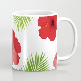Red hibiscus and palm leaves seamless pattern. Coffee Mug