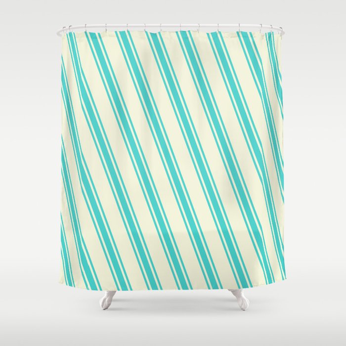 Beige and Turquoise Colored Lined/Striped Pattern Shower Curtain