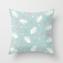 Palms pattern White blue aquamarine green leaves fall tropical , society6 Throw Pillow
