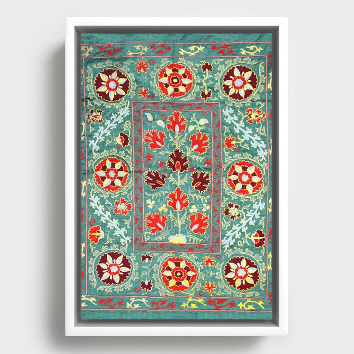 Turquoise Suzani Antique Floral Uzbek Embroidery Print Framed Canvas