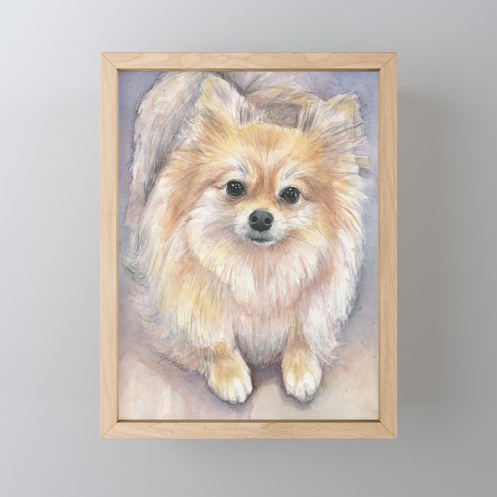 Pomeranian Watercolor Pom Puppy Dog Painting Framed Mini Art Print