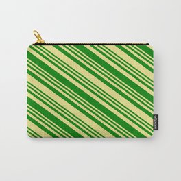 [ Thumbnail: Green & Tan Colored Stripes Pattern Carry-All Pouch ]