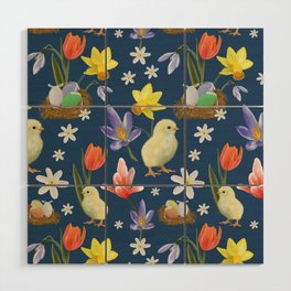 Colorful pattern with easter chicks, easter nests, tulips, daffodils, crocuses, wood anemones Wood Wall Art