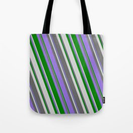 [ Thumbnail: Dim Gray, Purple, Green & Light Grey Colored Lined Pattern Tote Bag ]